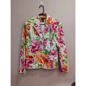 Women's gorgeous Floral print cotton blazer w/bric-a-brac trim by City Silk, 14